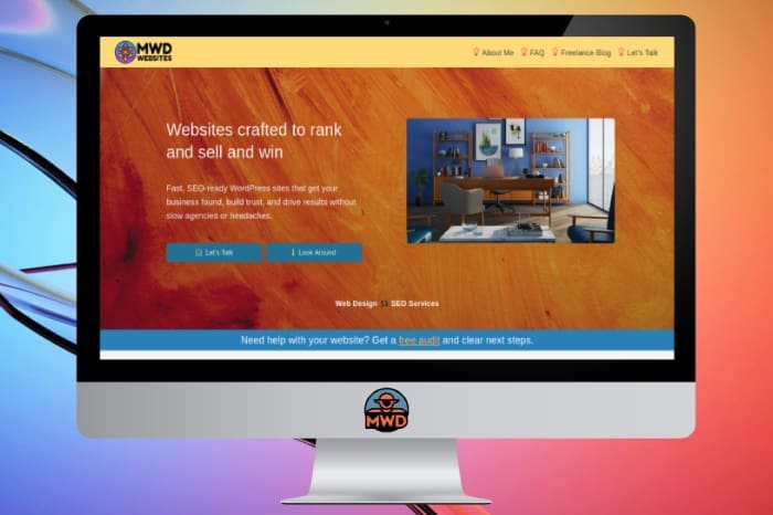 Computer screen of MWD Home Page on red and blue swoosh background