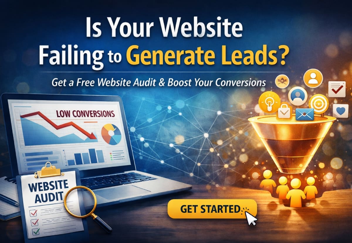 Professional website optimization and lead generation banner showing a laptop with analytics dashboard, conversion charts, and digital marketing icons representing a free website audit.